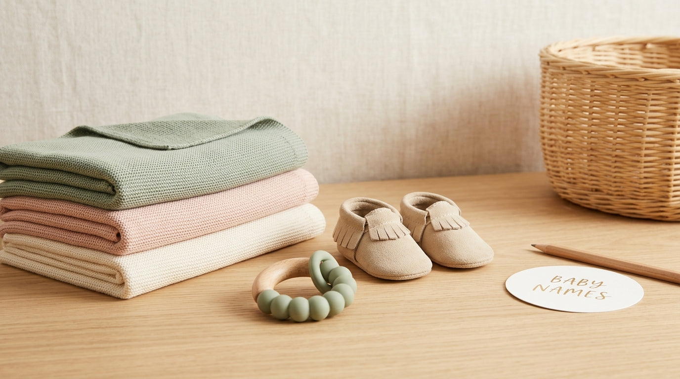 Pregnant mom sitting at a messy kitchen table crossing out a list of baby names