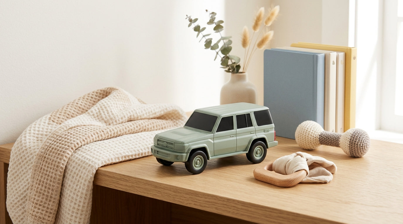 A mom holding a coffee looking confused in a car dealership parking lot.