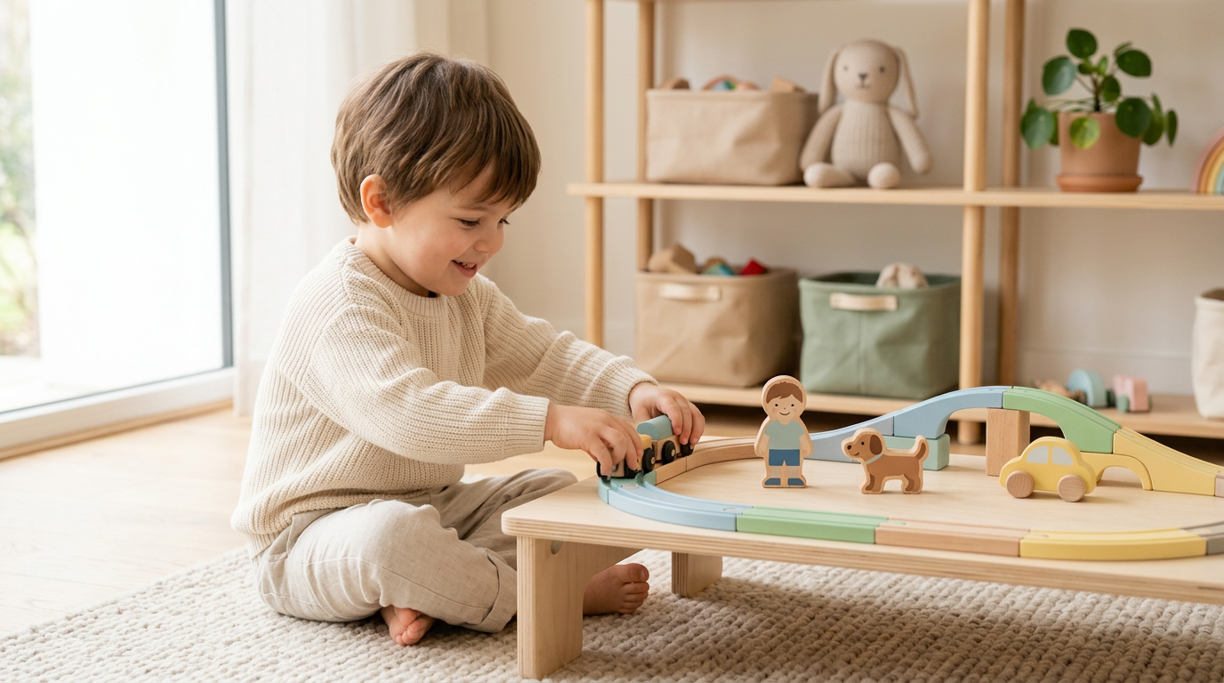 Wooden blocks scattered on a rug next to a sleeping three-year-old boy.