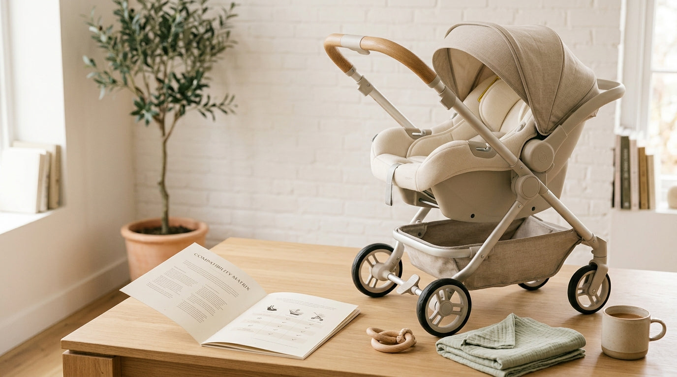 Marcus pushing a baby stroller in the rain while looking confused at a car seat adapter
