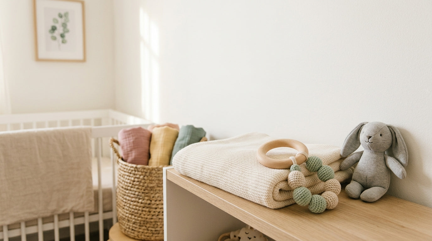 Frustrated dad looking at baby name lists on a laptop while holding a teething baby