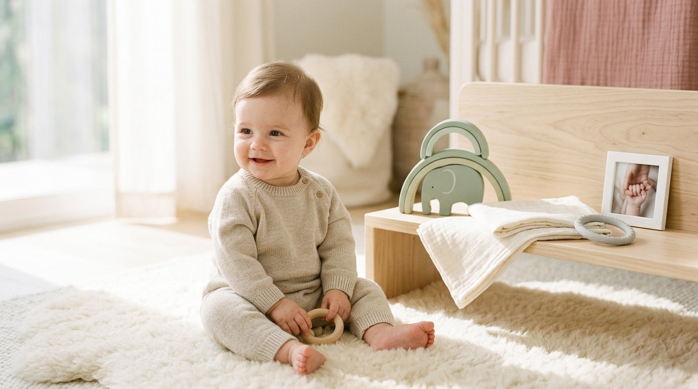 Tired dad holding an eleven month old baby while looking confused at a laptop screen showing sleep data