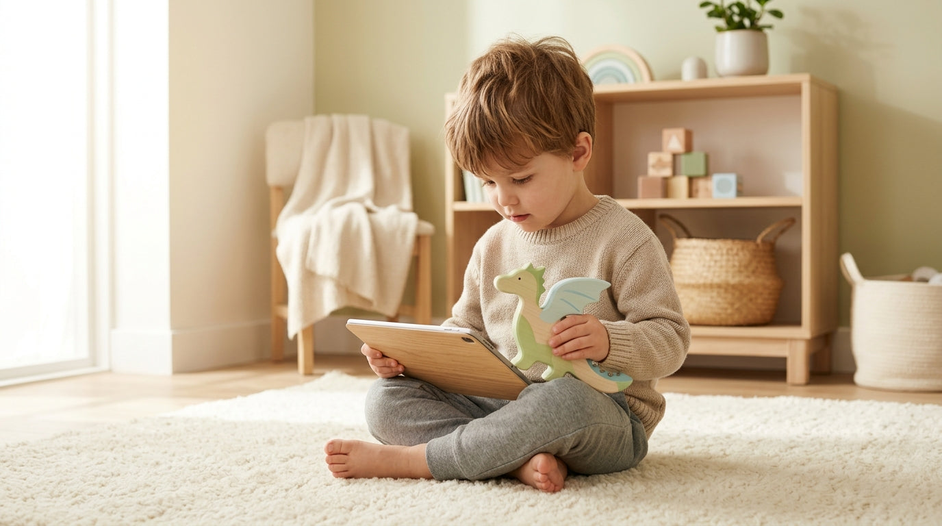A smartphone showing a mobile game next to a baby building block.