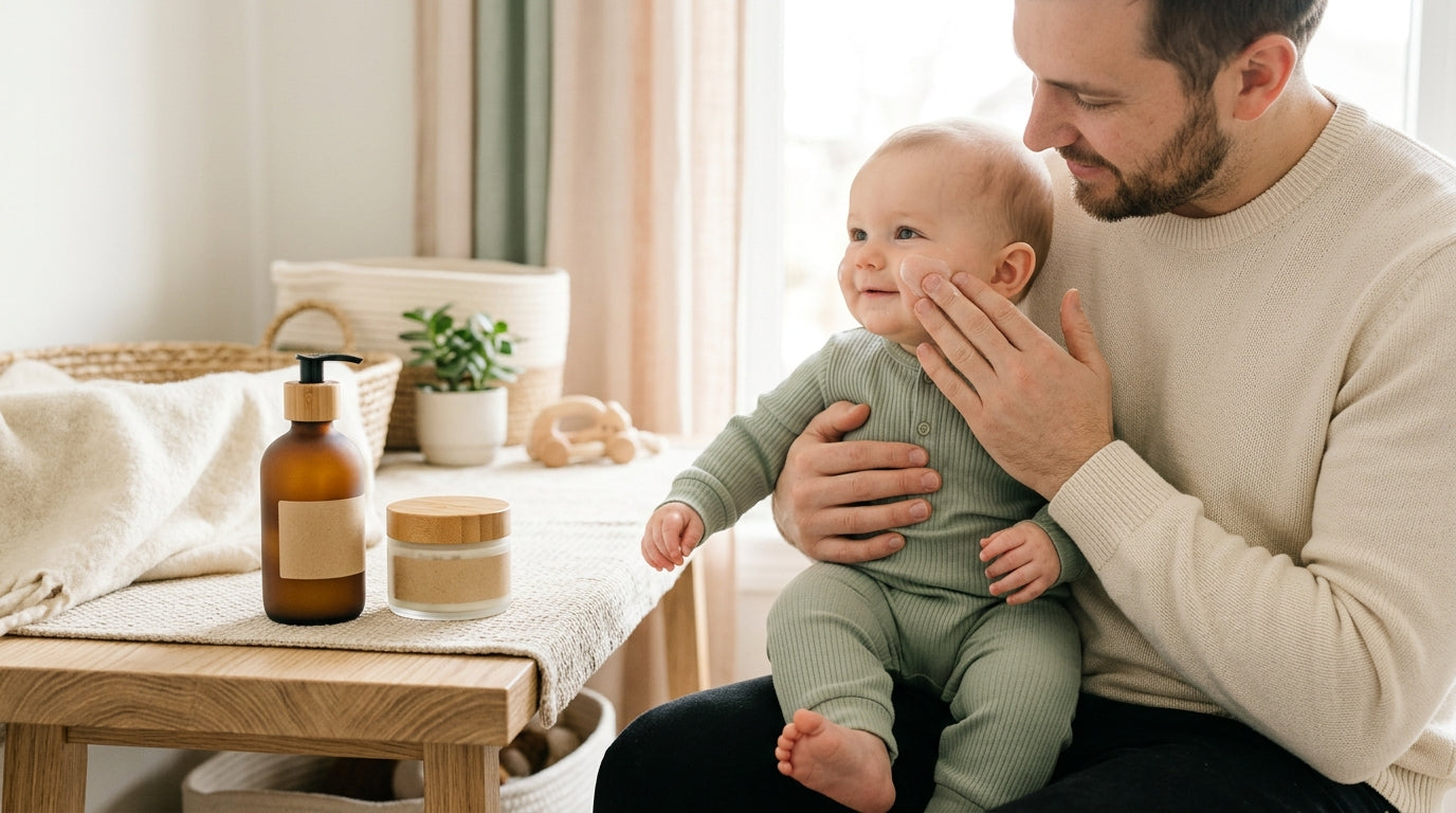 Dad carefully applying thick ointment to a baby's dry cheek patches