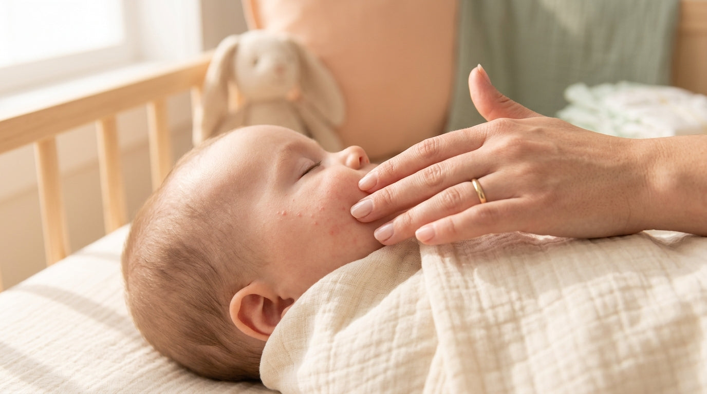 Close up of a confused dad holding a baby with a small red spot on their cheek.