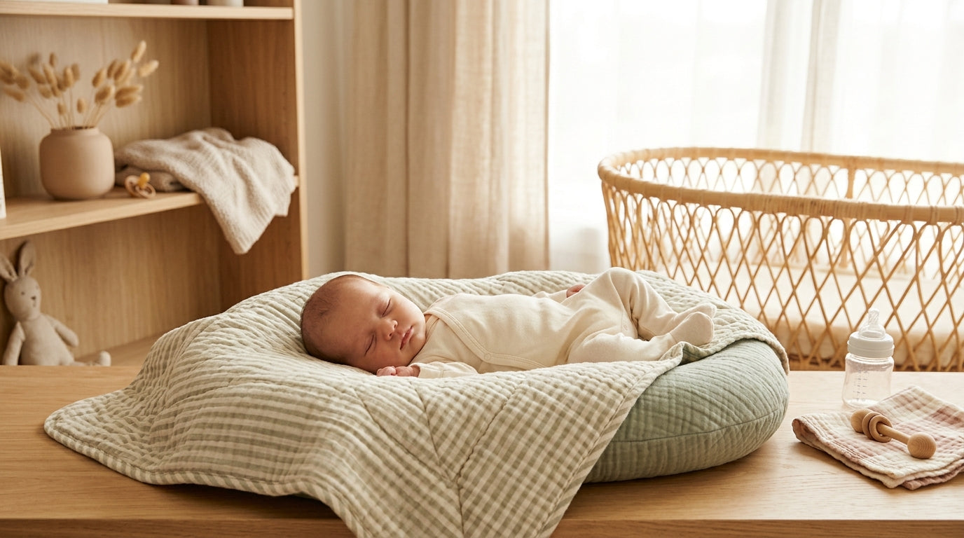 Tired dad holding his baby upright after a 3 AM feeding session