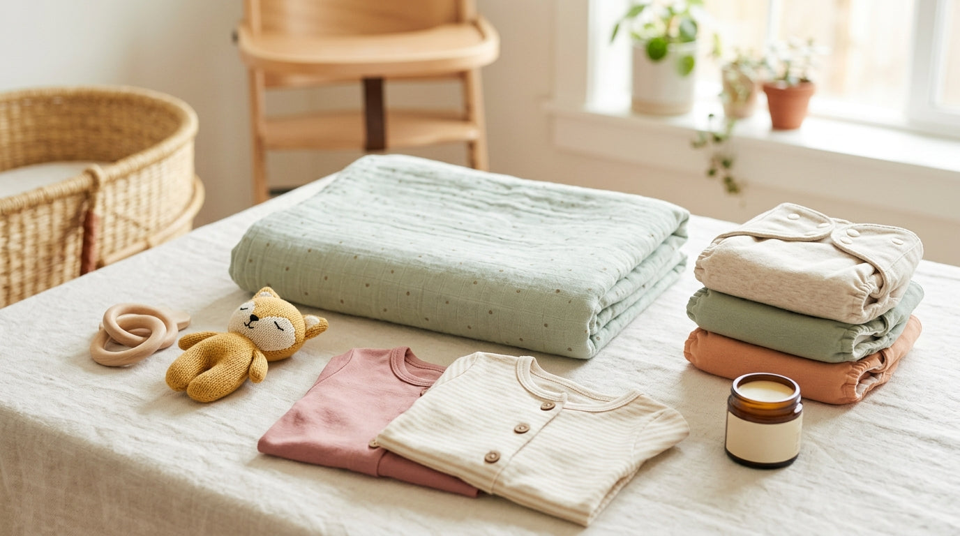 Tired mother reading IRS tax forms on the couch next to a baby