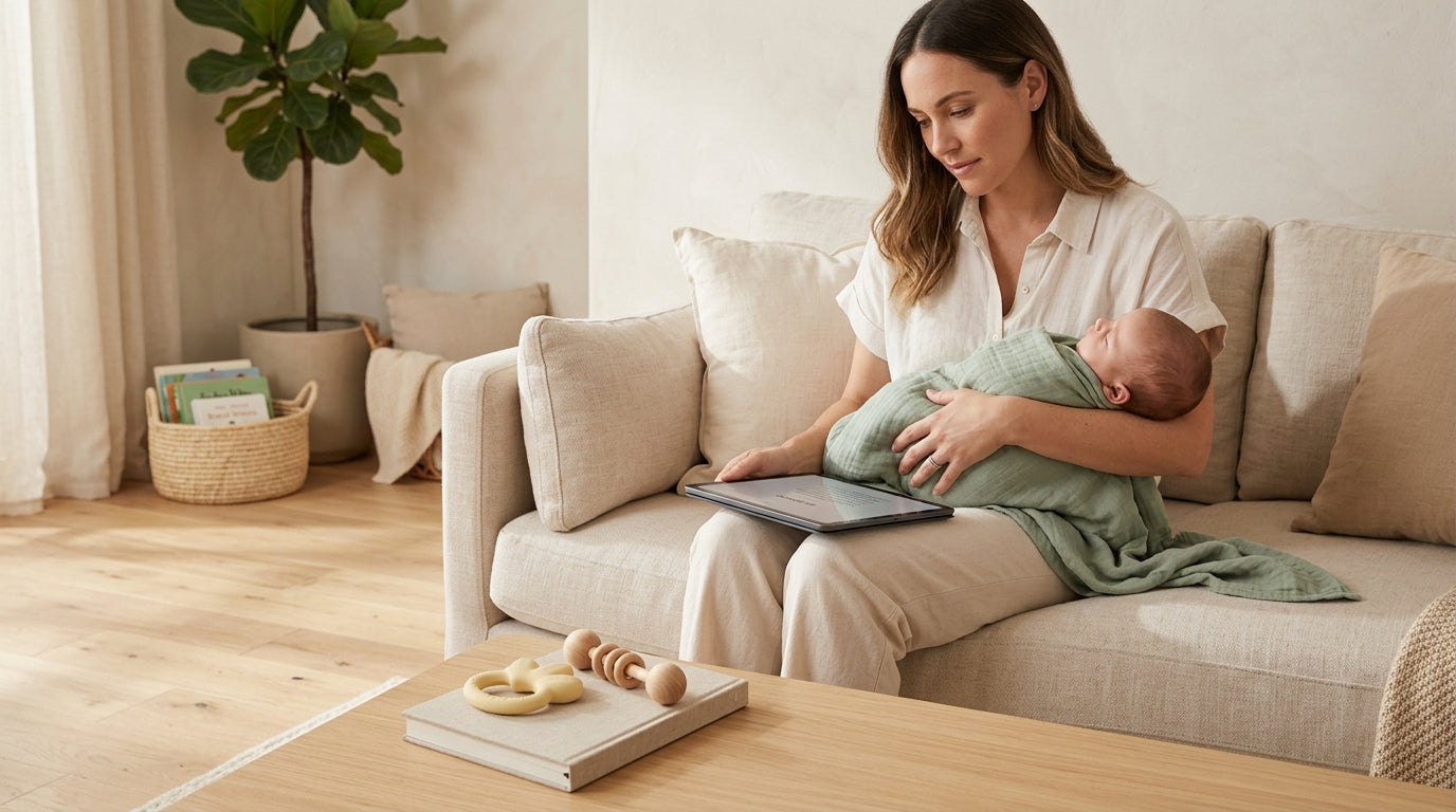 A frustrated millennial mom holding a toddler while sitting across from older family members at a dinner table.