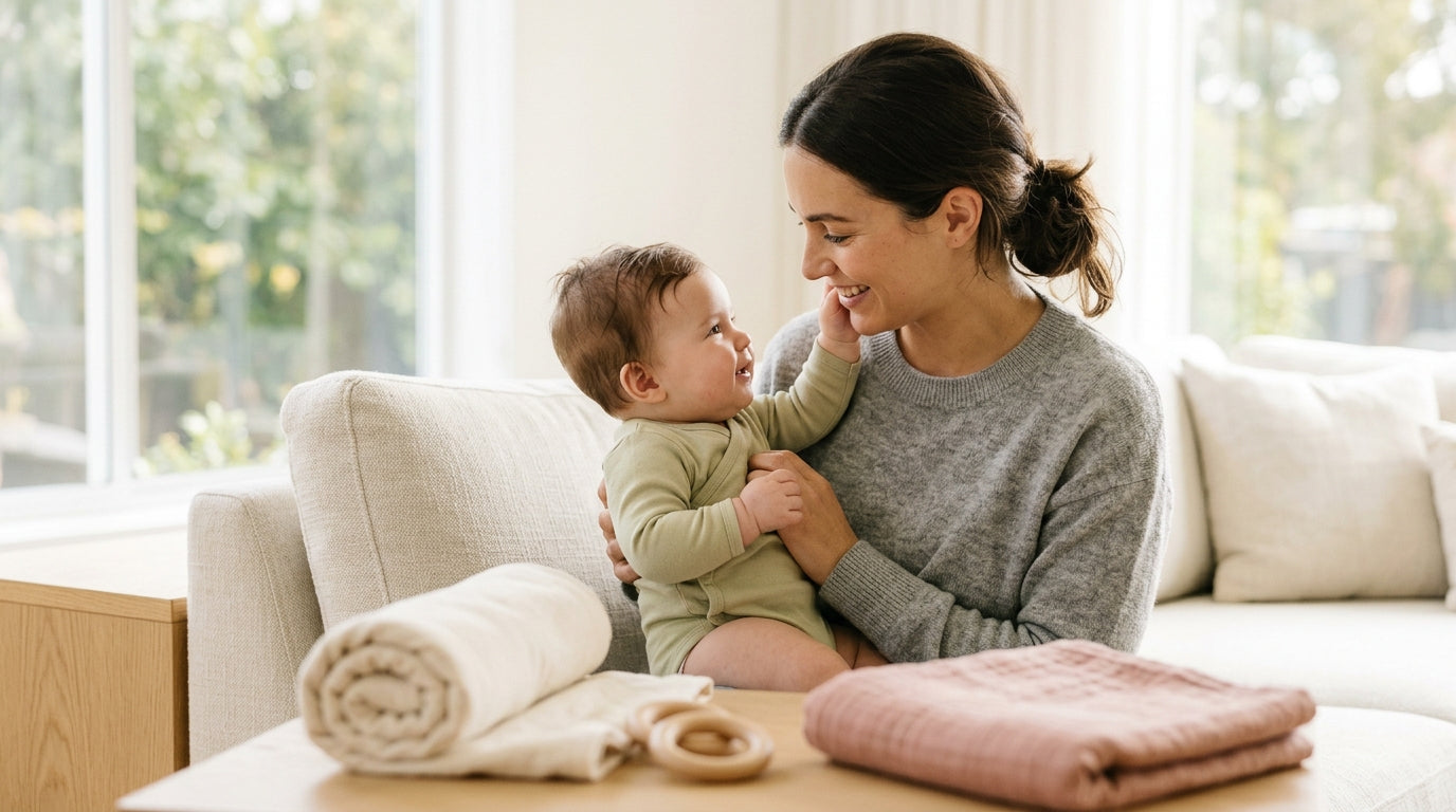 A toddler playing with wooden toys on a soft organic blanket
