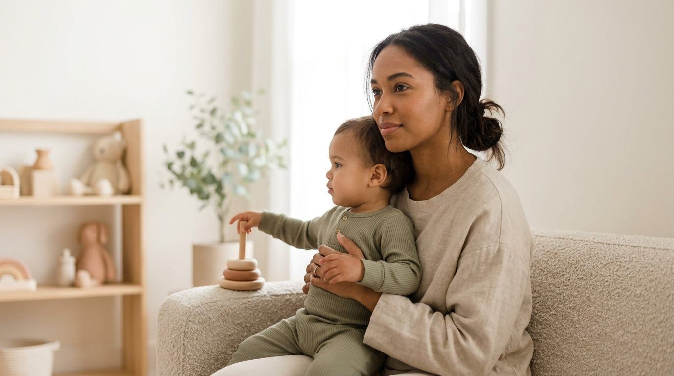 A stressed parent holding a baby and looking at a pile of legal paperwork on a messy kitchen table.