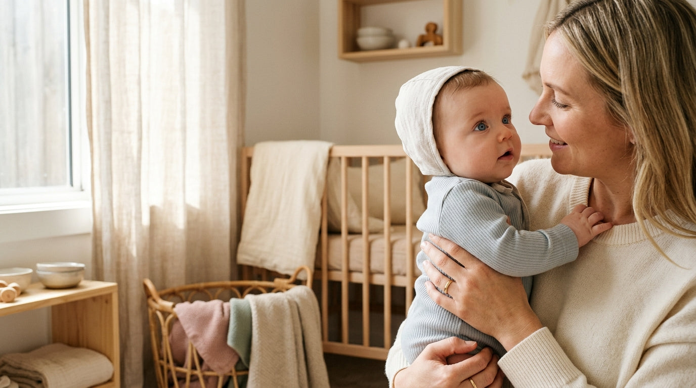 Close up of twin baby girls looking confused with big blue eyes