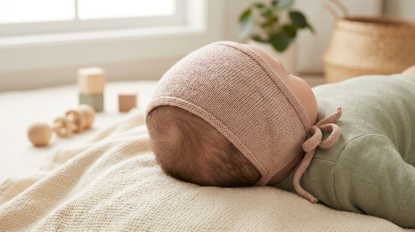 A frustrated dad looking at baby bonnets on his laptop while baby sleeps