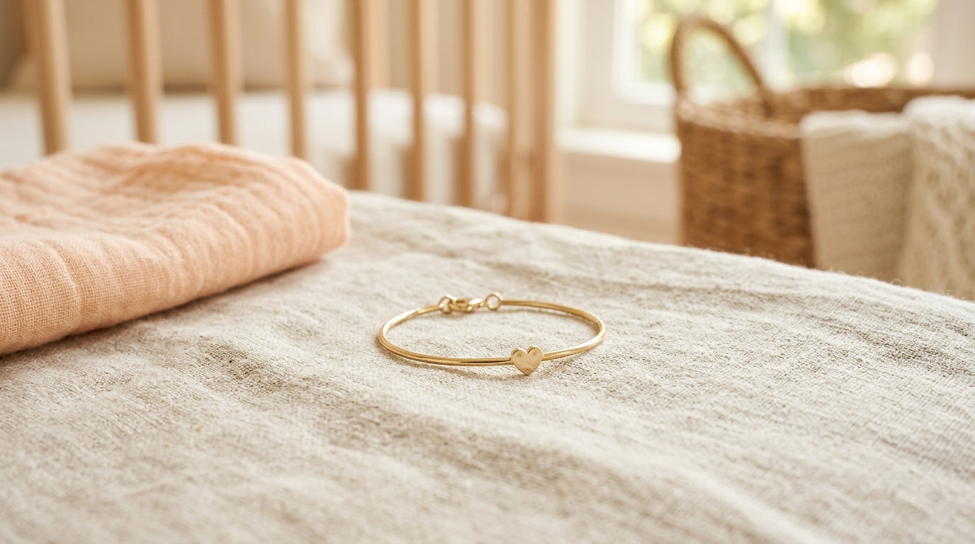 Exhausted dad staring in pure panic at a tiny gold baby bracelet