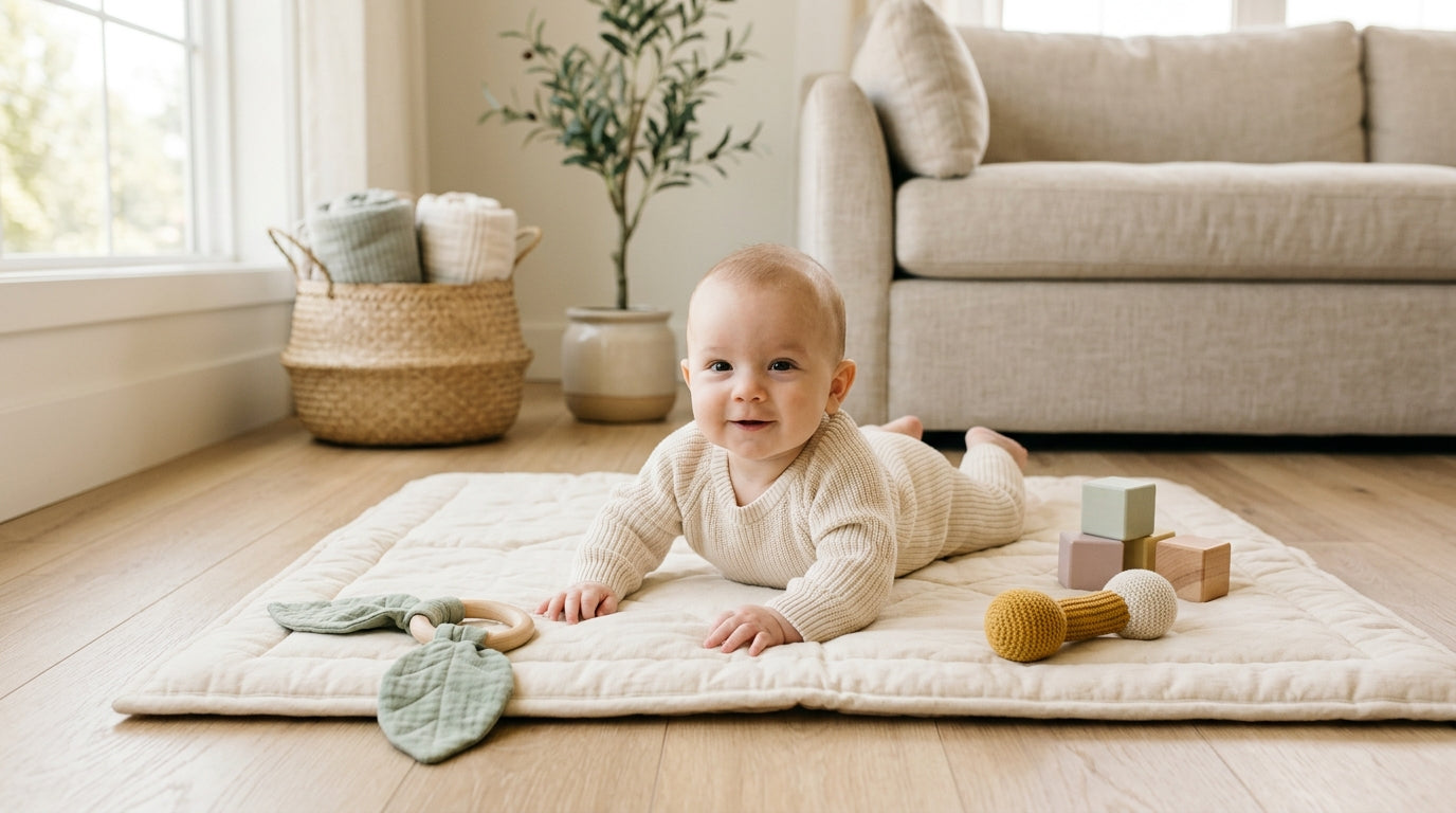 Baby lifting chest on a wooden play gym mat during tummy time