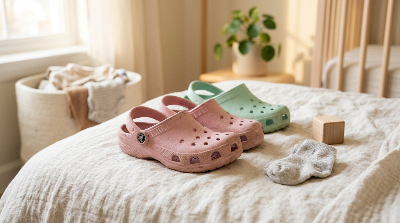 A toddler wearing bright pink baby crocs standing on a sunny London pavement