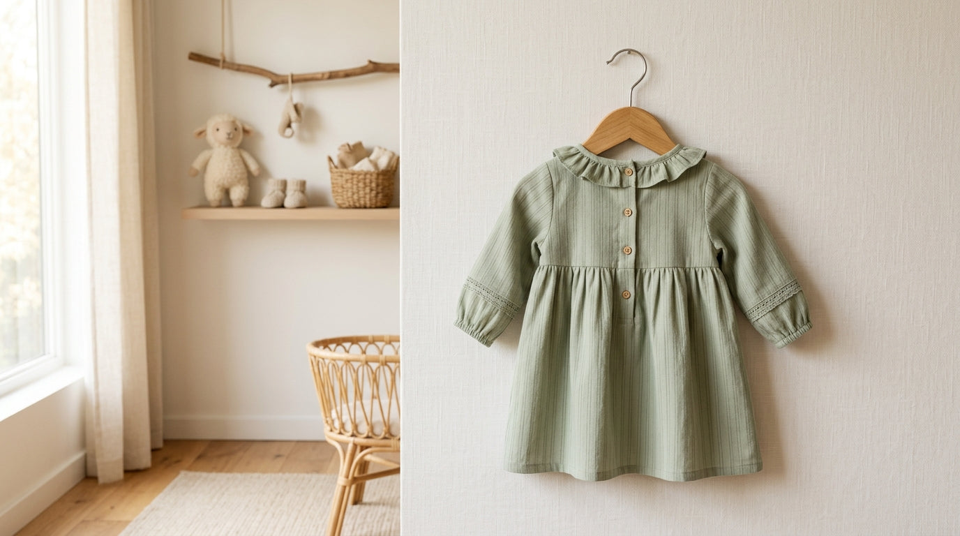 Baby girl sitting on a playmat wearing a soft organic cotton flutter sleeve bodysuit.