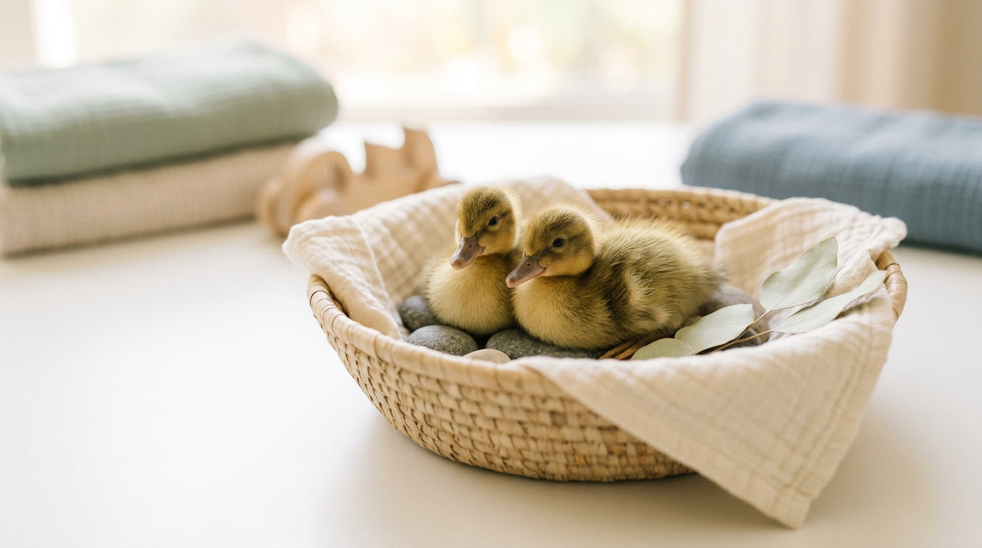 Toddler in a sustainable smock looking at a yellow duckling in a backyard grass pen.