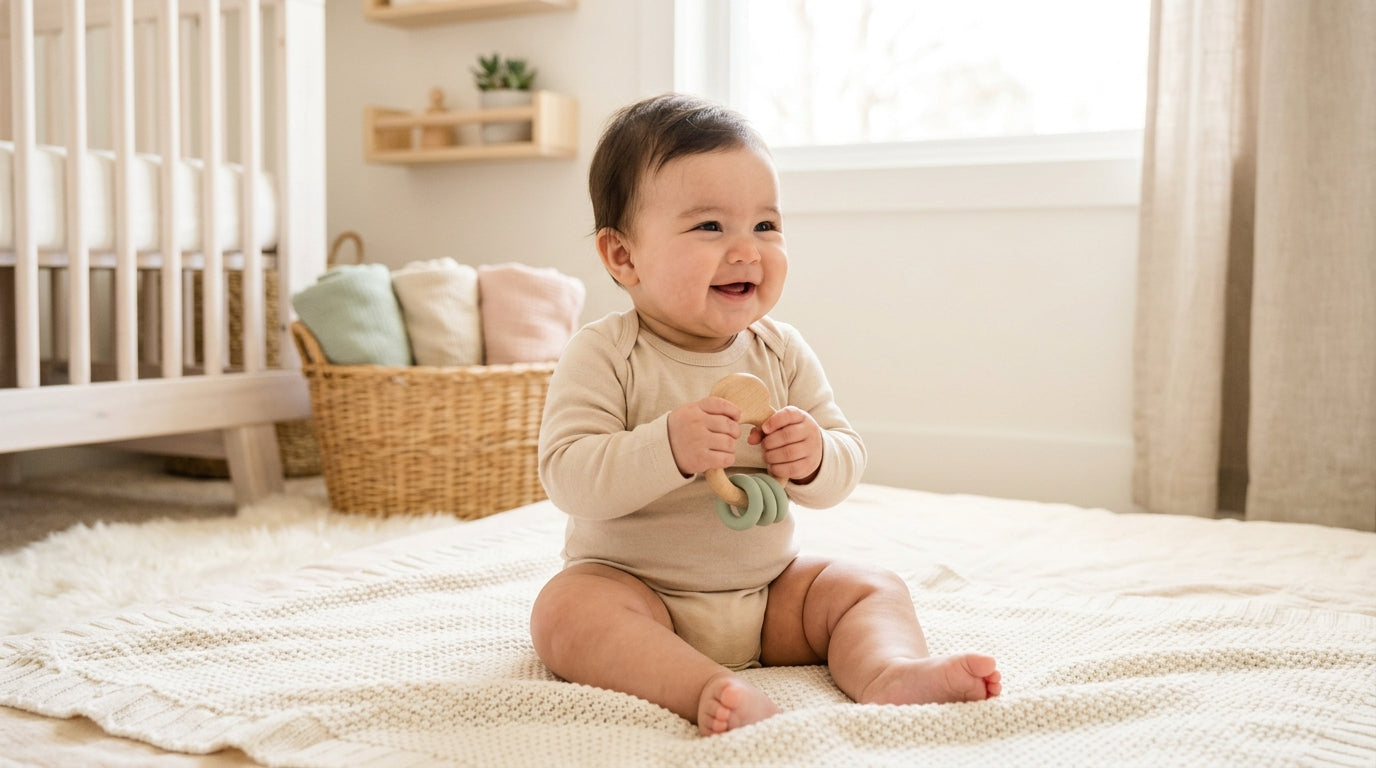 Chubby baby sitting on an organic cotton playmat grabbing a wooden teether.