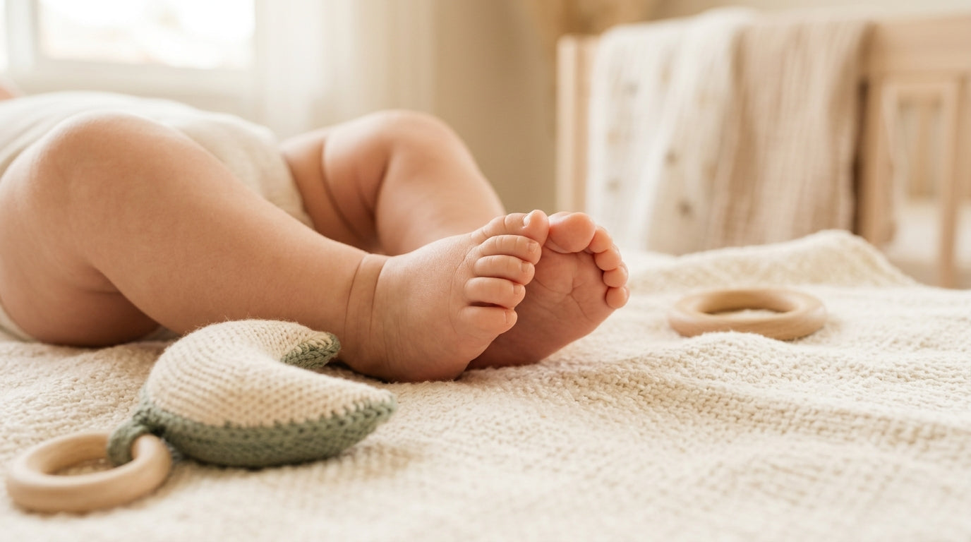 Chubby baby with bare feet playing on a wooden living room floor