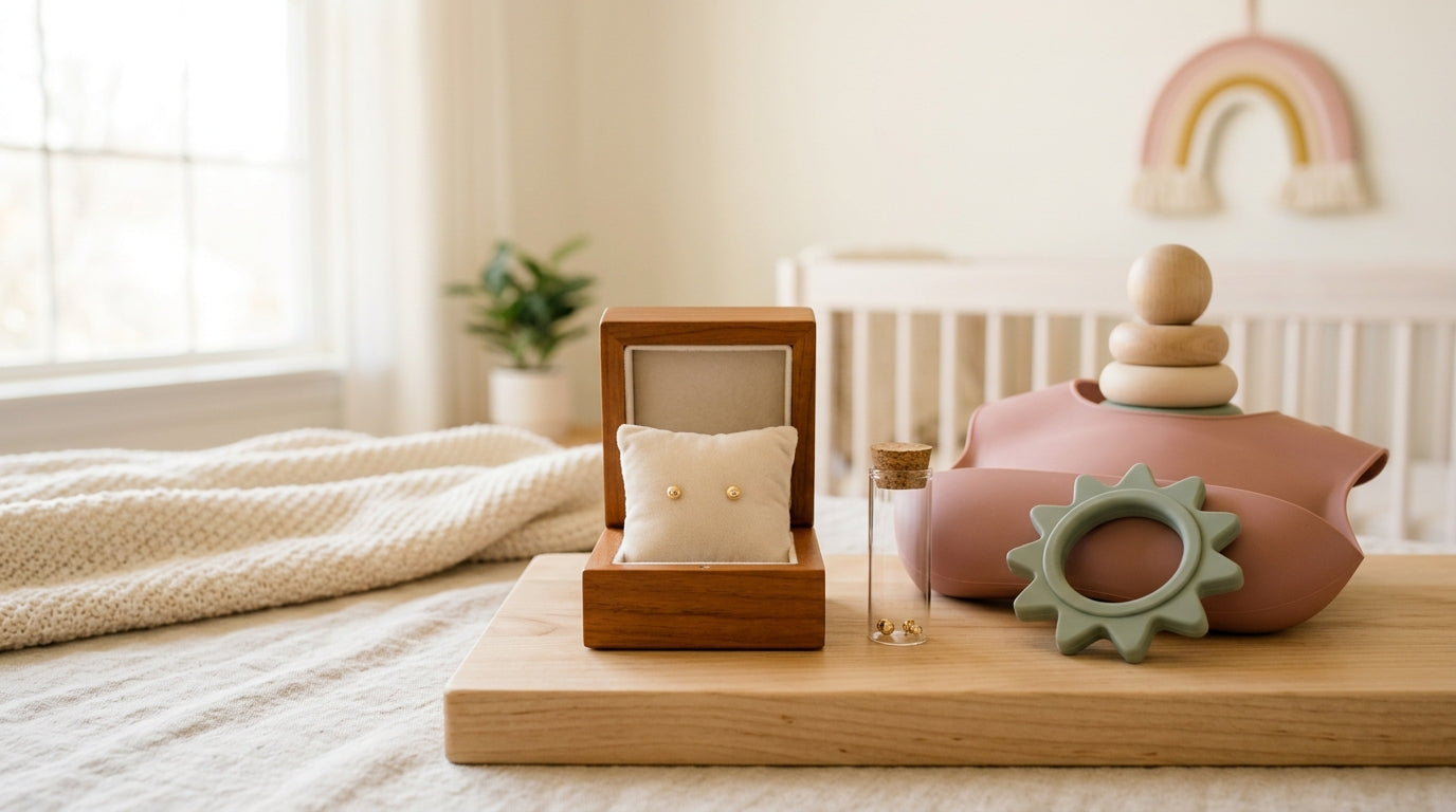 Tired tech dad holding a tiny infant gold bracelet next to a silicone teether