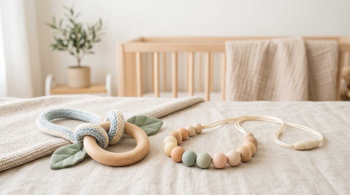 A mother holding her baby's hand while discussing safe baby jewelry and teething accessories.