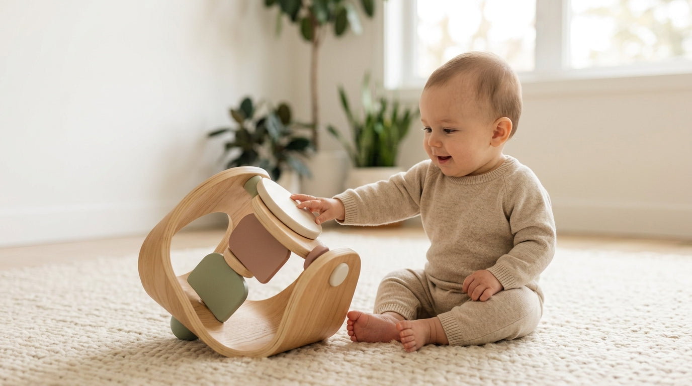 A mother sitting on the floor playing with her baby on a soft blanket