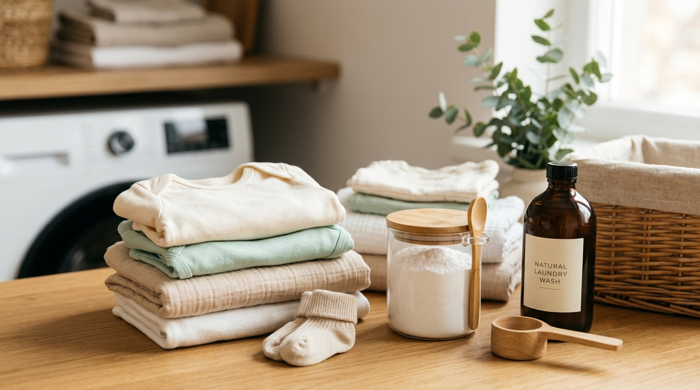 A pile of organic baby clothes next to a simple bottle of clear laundry detergent.