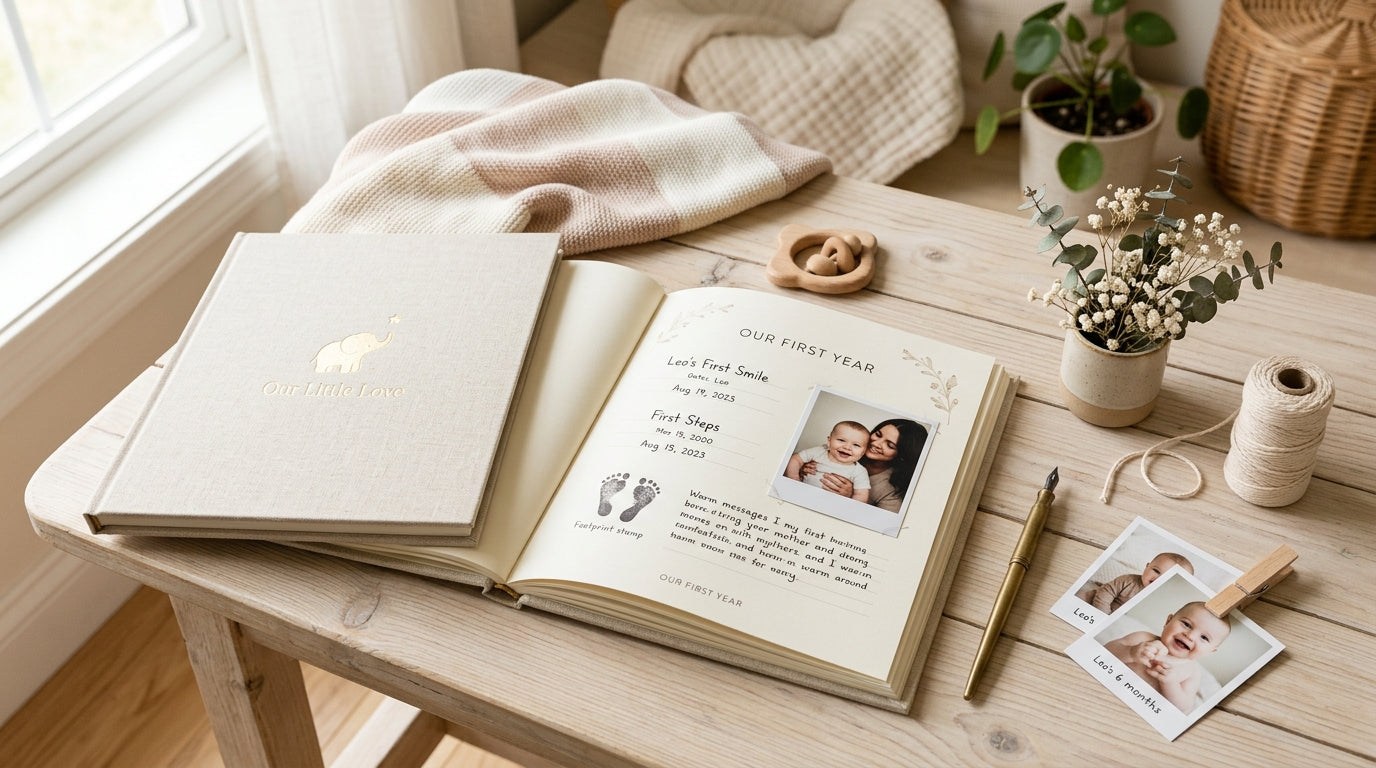 A messy living room table with a half-filled baby journal and photos