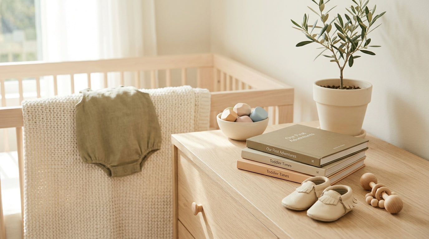 A wooden baby play gym set up on a rug next to a tired mom drinking coffee.