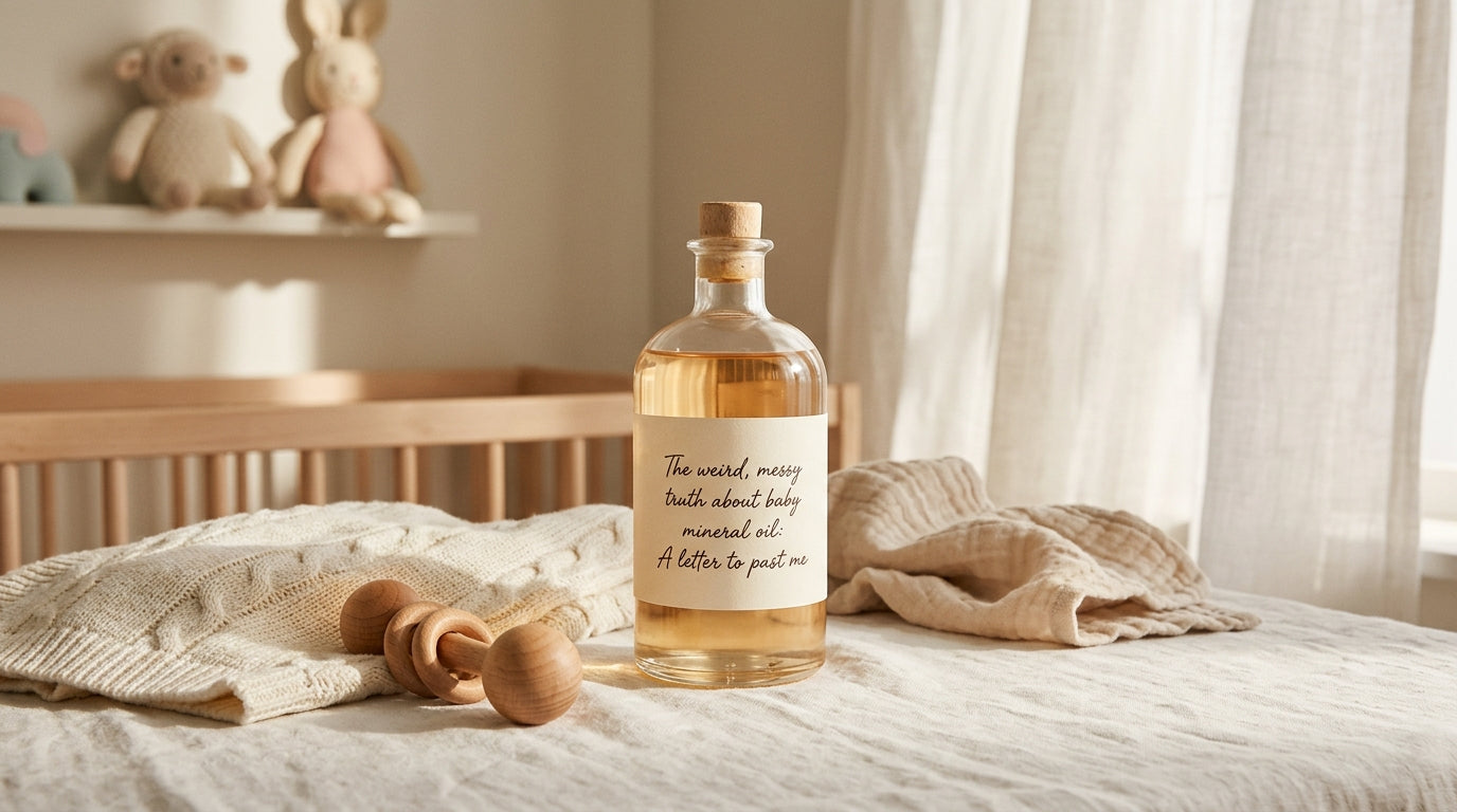 Sarah sitting on a beige bathroom rug holding a half-empty bottle of baby oil next to cold coffee