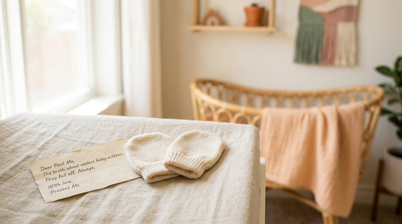 A confused mom looking at tiny baby mittens while holding a cold coffee
