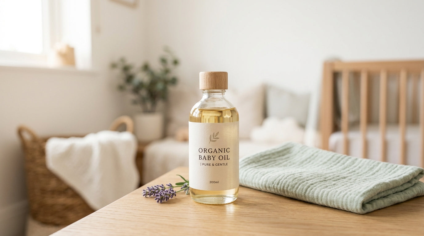 Mother applying coconut baby oil to infant's damp skin after bath time.