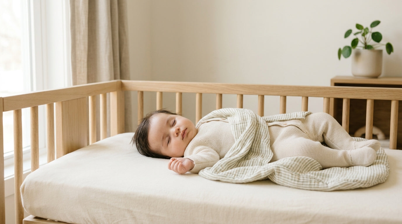 A pile of folded organic baby sleepwear on a messy nursery chair.