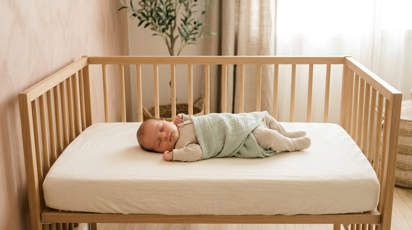 A minimalist nursery crib setup with a firm mattress and absolutely no infant pillows inside.