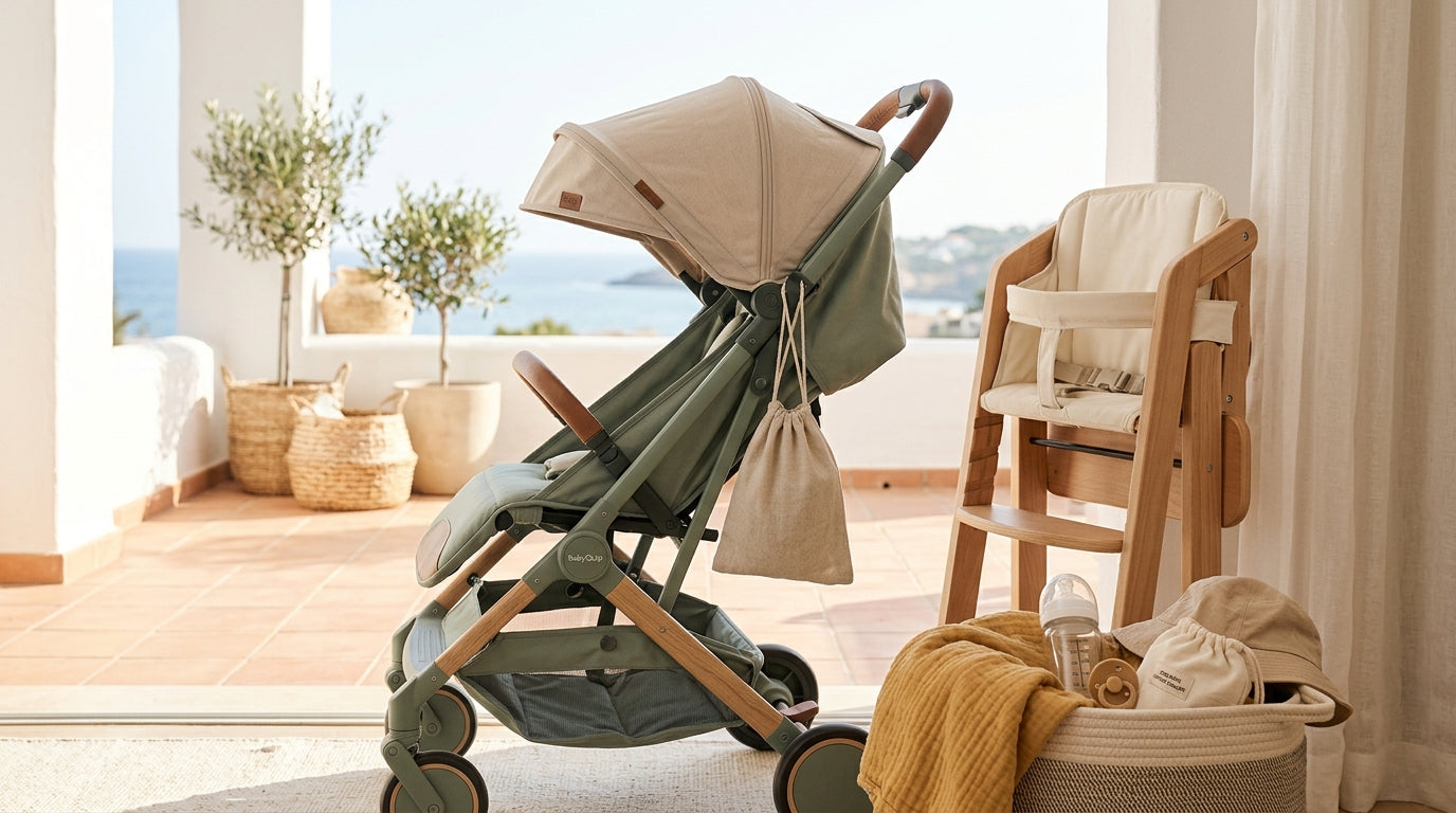 Mother walking through airport holding toddler hand and carrying organic cotton baby clothes