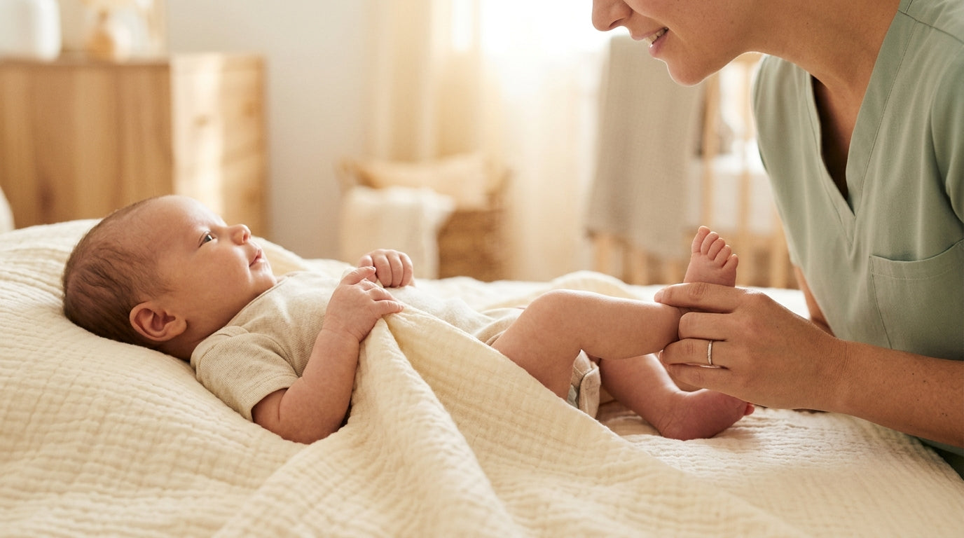 A sleeping newborn with arms extended in a sudden Moro startle reflex