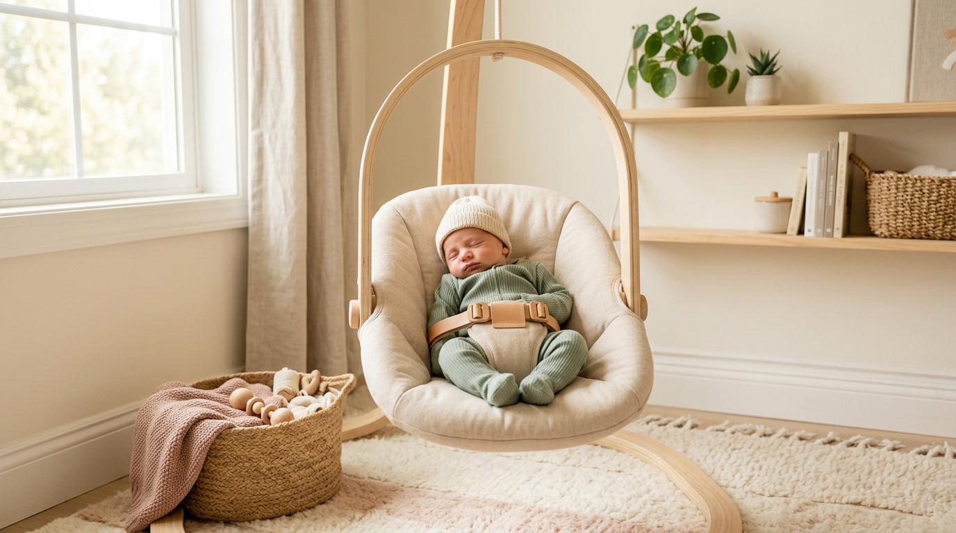 Sleep deprived mom staring at a mechanical baby swing in a dark living room