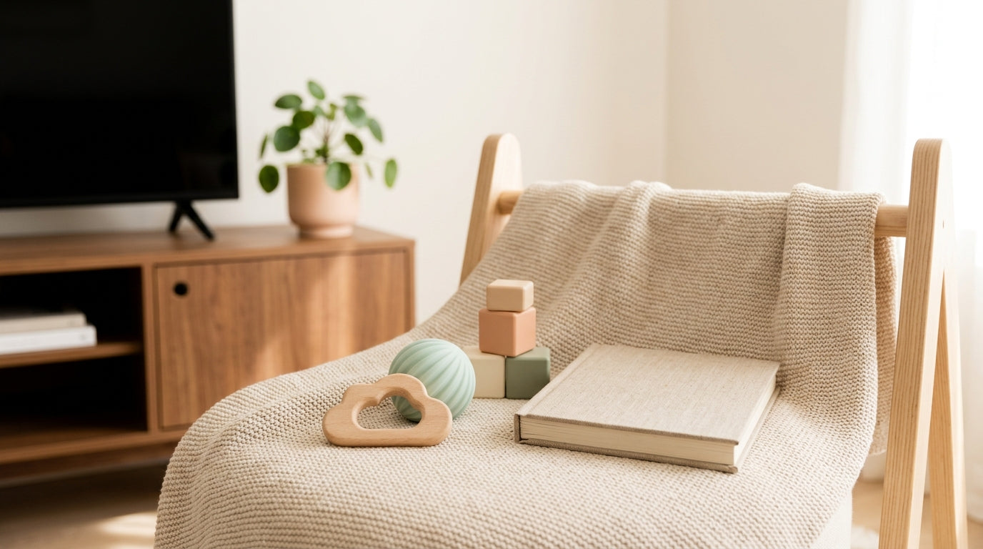 A tired mom holding a coffee mug while her baby plays on a wooden play gym