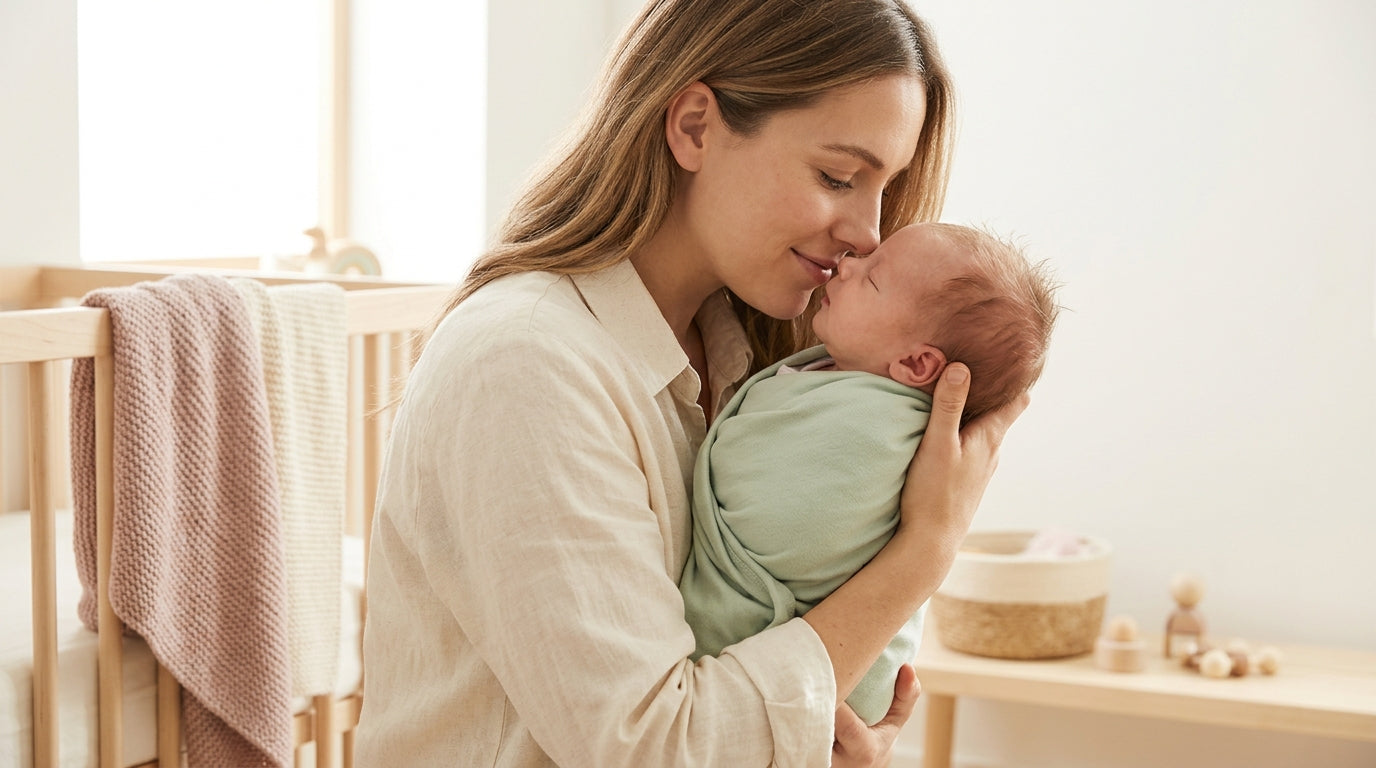 A tired mom holding a slippery baby next to a bathtub filled with plastic soap bottles