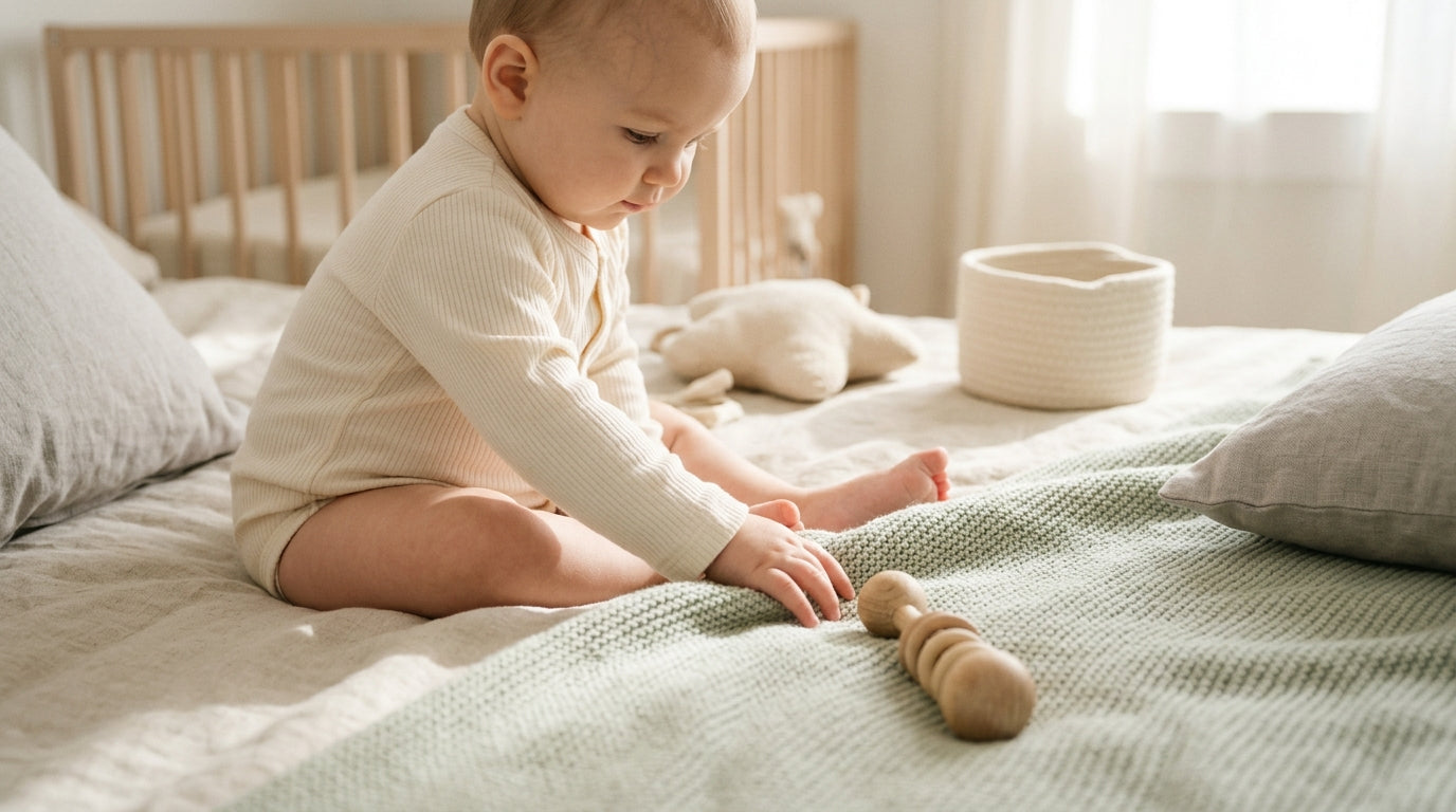 A toddler sitting on a rug dressing a soft body doll in an organic cotton bodysuit