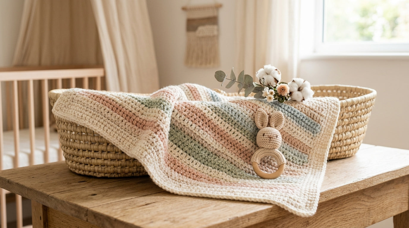 Tangled balls of yarn next to a half-finished baby blanket and cold tea