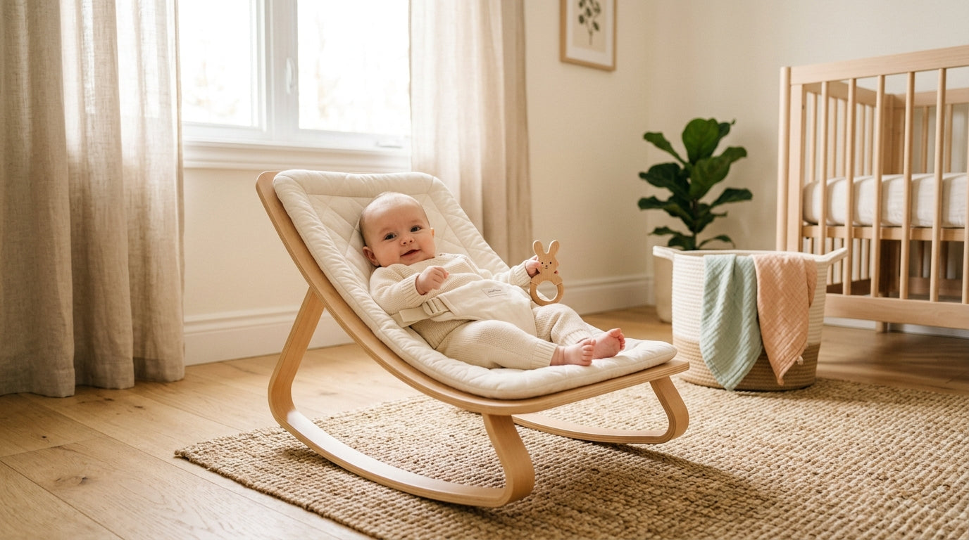 Tired mom drinking coffee next to an infant in a bouncy seat on the floor