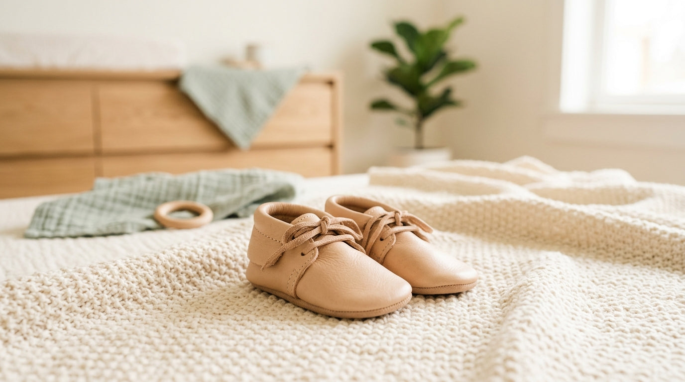 A pile of discarded rigid infant sneakers next to a spilled cup of coffee on a rug.