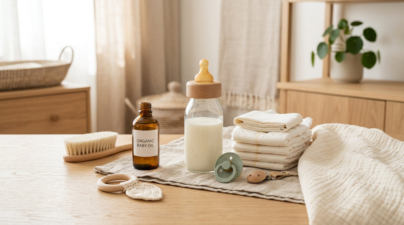 Exhausted mom looking at a mountain of scattered infant gear in her living room