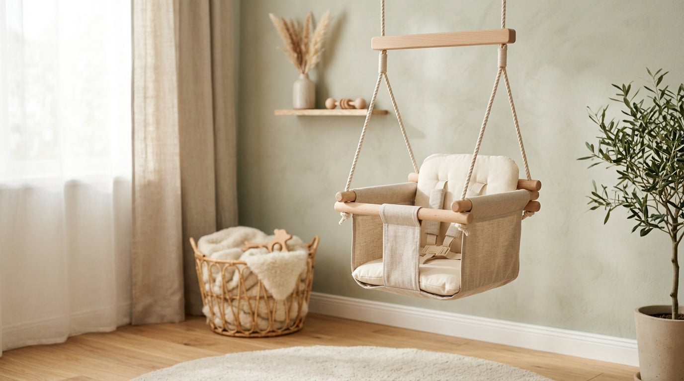 Tired dad looking at a motorized infant container next to a sleeping baby