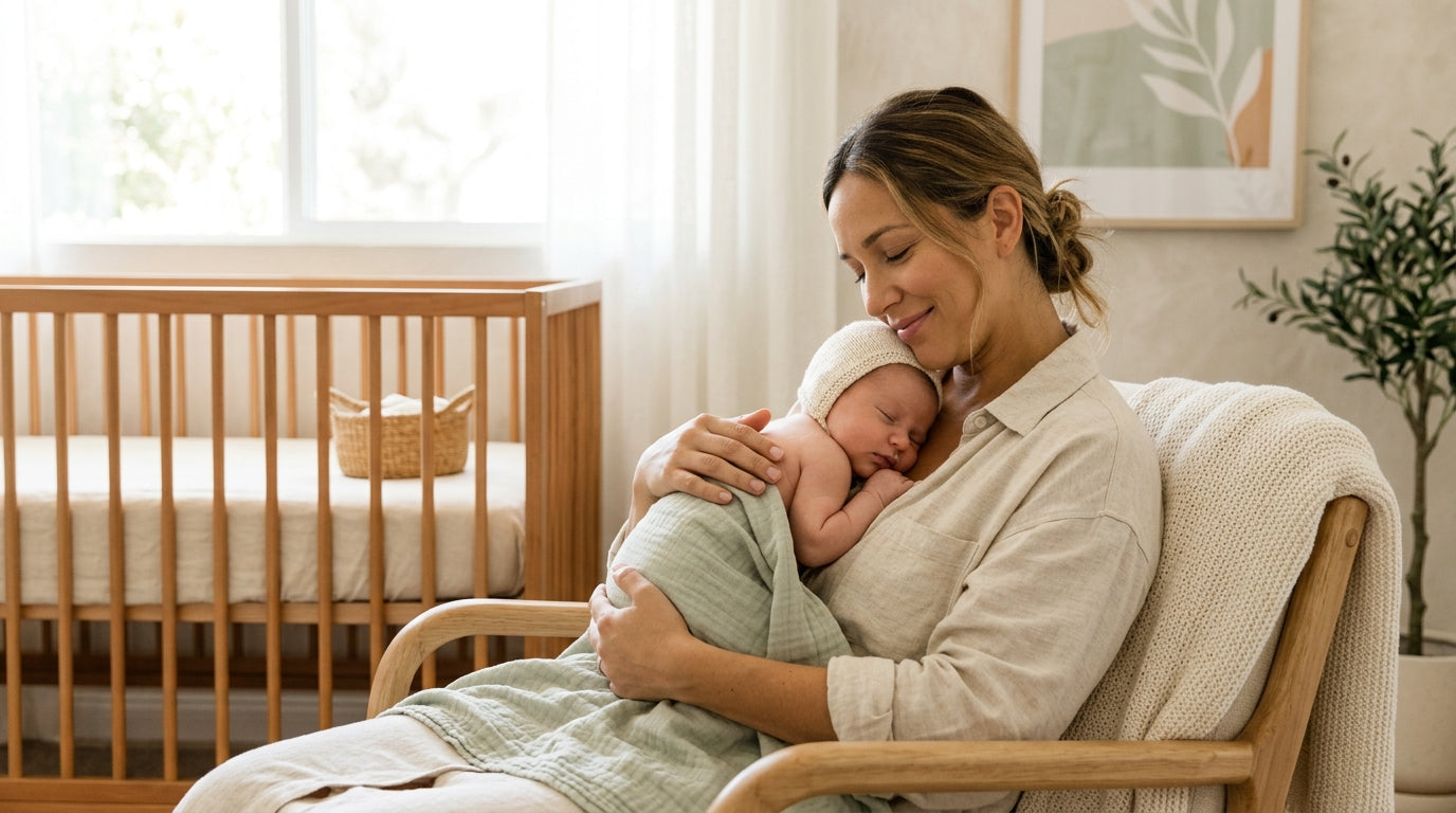 A tired mom in a hospital bed doing skin-to-skin with her tiny newborn.