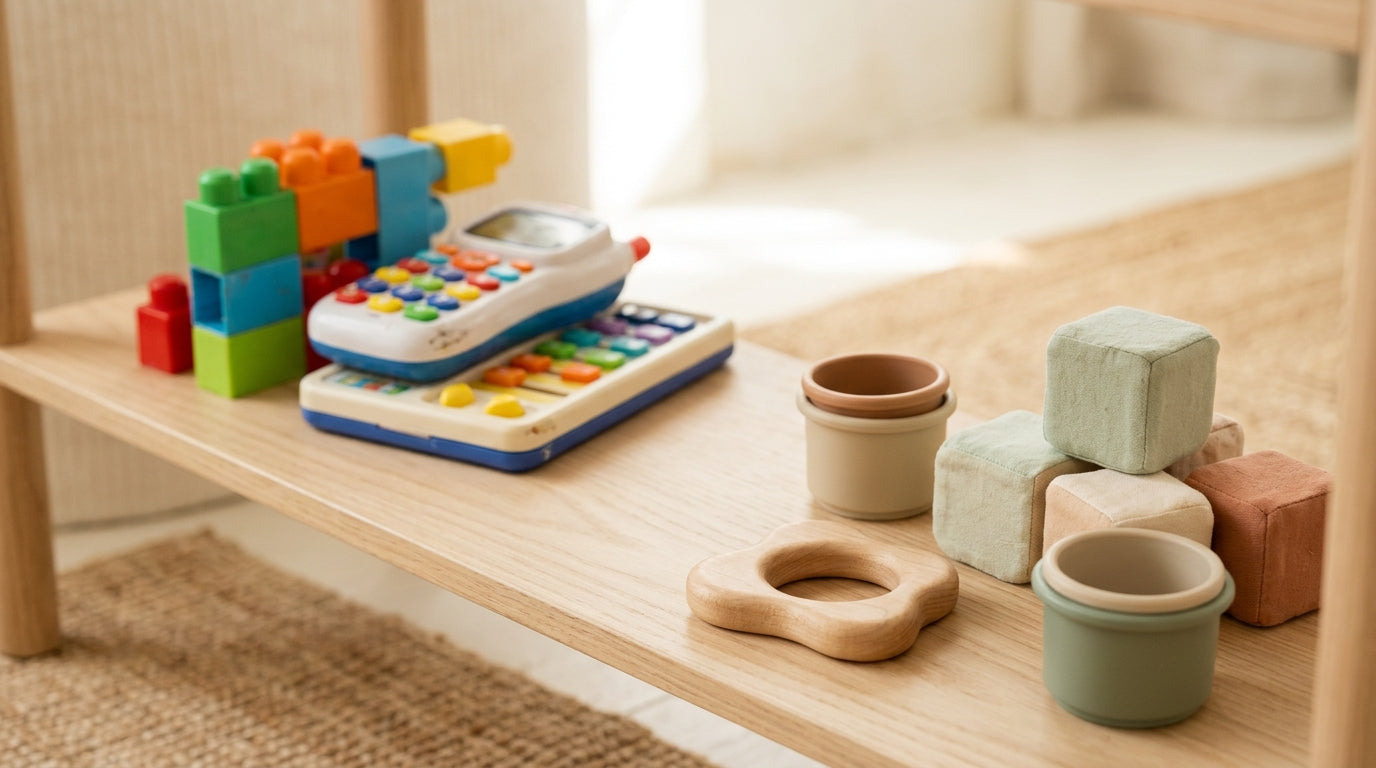 Wooden building blocks scattered on a rug next to a play gym.