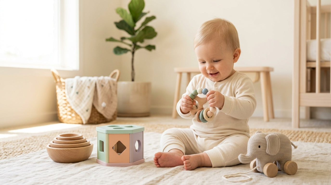 Wooden motorisches spielzeug blocks scattered on a playmat
