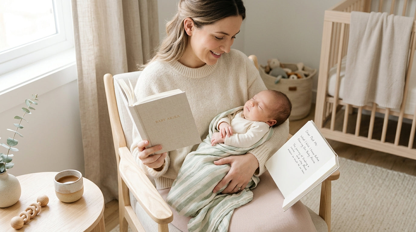 A tired mother sitting on a porch looking at a baby name book