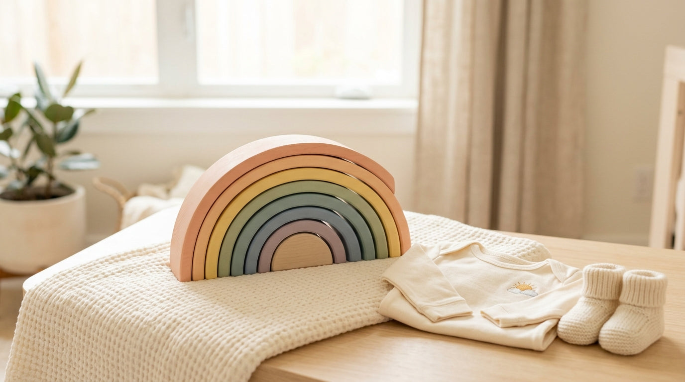 Sarah holding a subtle terracotta rainbow blanket in a dimly lit nursery